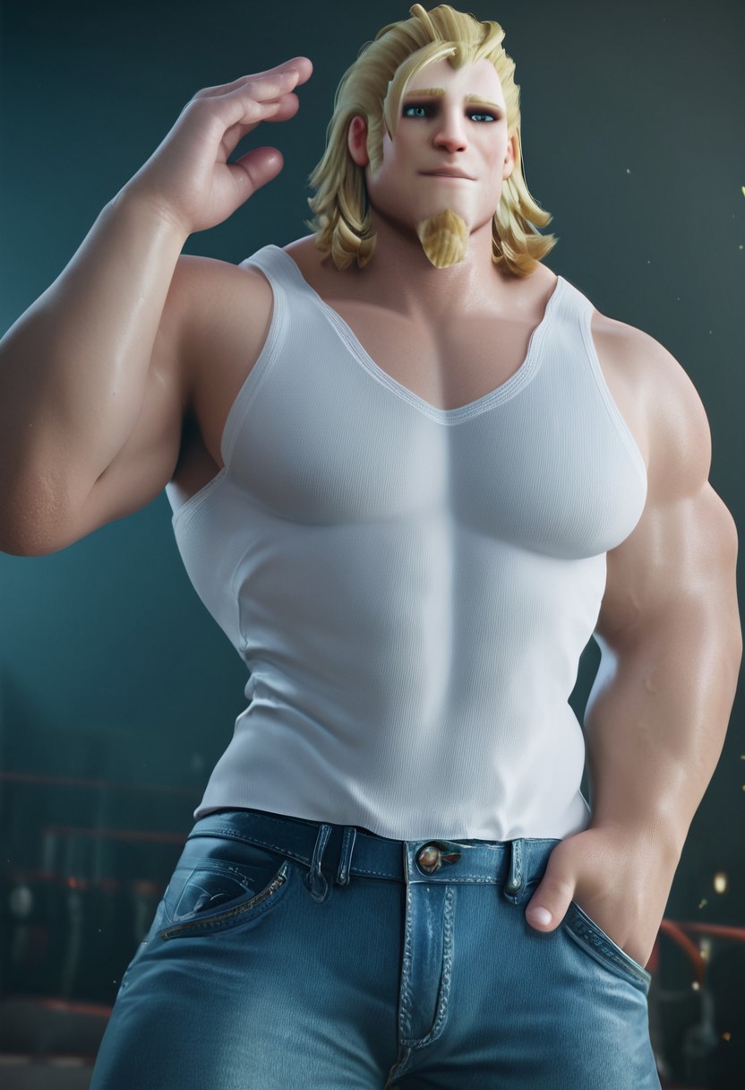 score_9, score_8_up, score_7_up, score_6_up, 8k, highest quality, high detail, masterpiece, best quality, beautiful lighting, (highest quality), (best shadow), intricate details, ultra-detailed face, detailed eyes, perfect face, detailed eyes, (1male, reinhardt, muscular, bodybuilder, mature male, blonde hair, medium hair, goatee, blue eyes,), white tank top, jean, dynamic pose, indoor, cowboy shot, looking at viewer, stage background