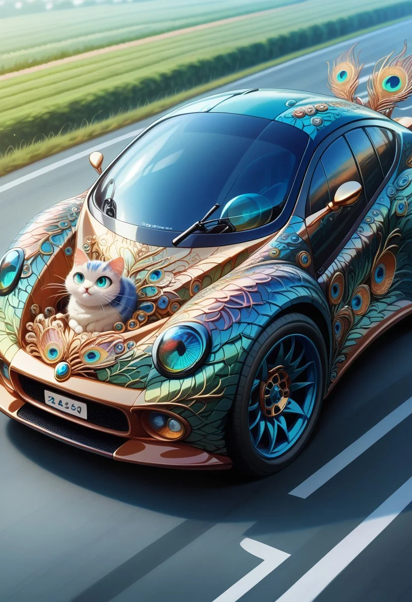 score_9, score_8_up, score_7_up, source_anime, rating_safe, Peacock, huge cat, driving tiny motorcycle, animal focus, hi-res, highest quality, very detailed, masterpiece