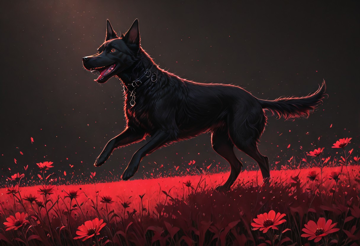rbw-style, fixl-art, black dog, jumping on red flower meadow, black details