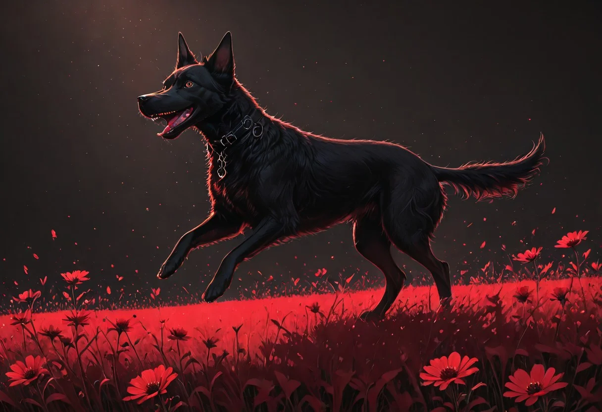 rbw-style, fixl-art, black dog, jumping on red flower meadow, black details