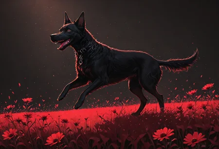 rbw-style, fixl-art, black dog, jumping on red flower meadow, black details