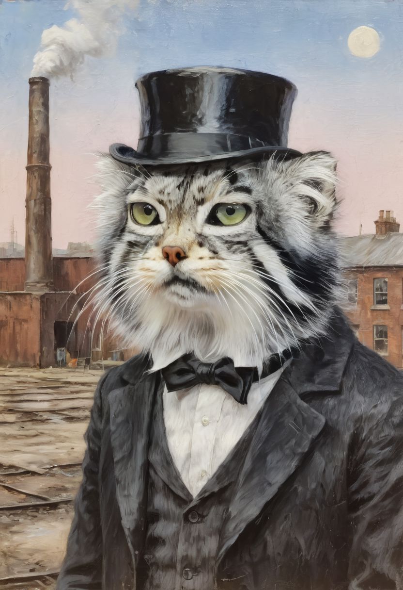 s4s the pallas's cat, cat wearing top hat and monocle in front of victorian factories in backgrounf, oil painting