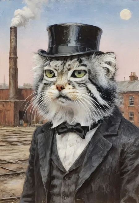 s4s the pallas's cat, cat wearing top hat and monocle in front of victorian factories in backgrounf, oil painting