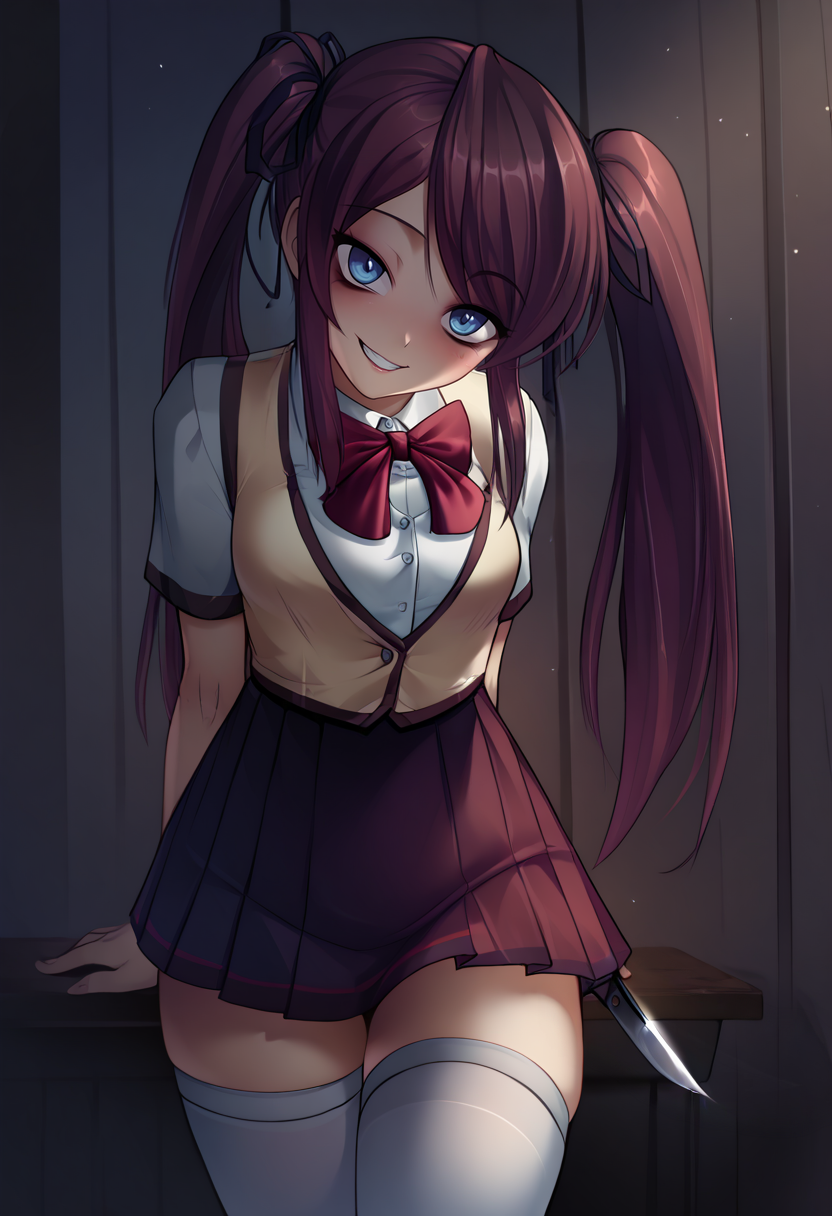 score_9,score_7_up,source_anime,zPDXL2,bedroom BREAK
<lora:arisav32:1>ar1sa,1girl,solo,long hair,looking at viewer,blush,smile,blue eyes,(red hair),twintails,skirt,red bowtie,school uniform,hair ribbon,pleated skirt,vest,white thighhighs,zettai ryouiki<lora:CreepyHeadTilt:2.5>head tilt,knife,short sleeves,yandere,