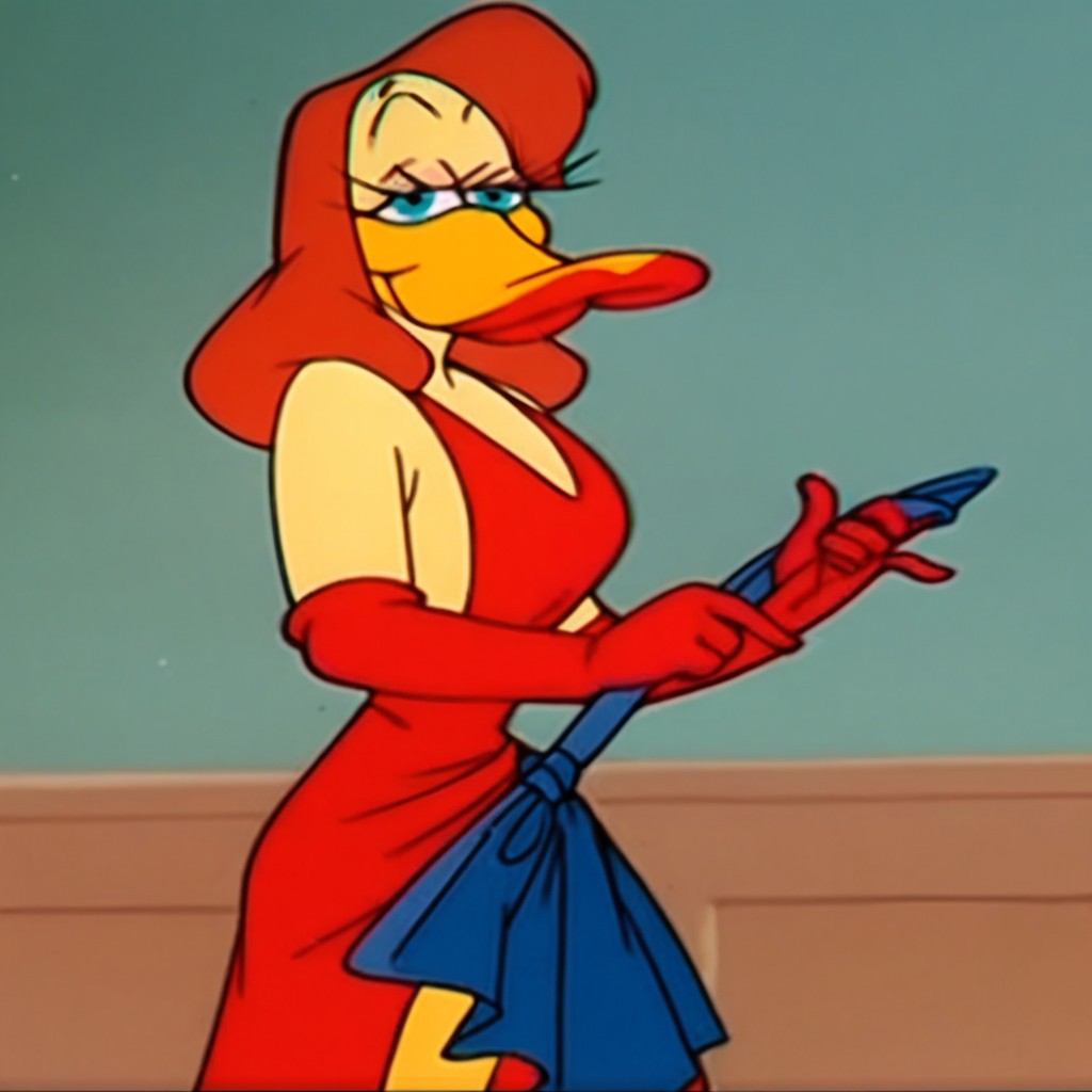 score_9, score_8_up, score_7_up, BREAK, waves, looking at the viewer, 1 Girl, Focus, Hairy Woman, Red Hair, Parody, Red Gloves, Cleavage, Colored Skin, Duck, Red Dress, Makeup, Female Duck,