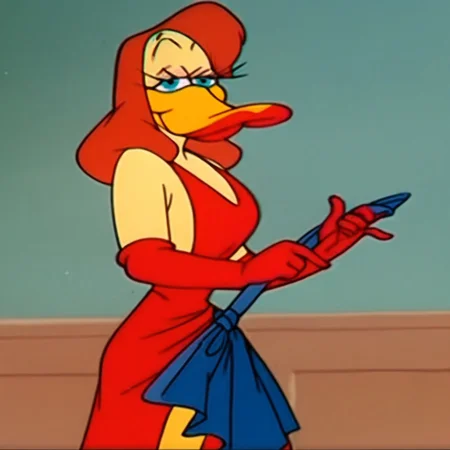 score_9, score_8_up, score_7_up, BREAK, waves, looking at the viewer, 1 Girl, Focus, Hairy Woman, Red Hair, Parody, Red Gloves, Cleavage, Colored Skin, Duck, Red Dress, Makeup, Female Duck,
