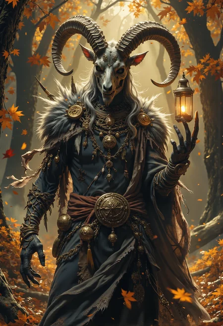 A mysterious, otherworldly figure stands in an autumnal forest bathed in warm, golden light, surrounded by falling leaves and glowing embers. The figure is cloaked in an ornate, flowing robe adorned with intricate patterns, feathers, and metallic trinkets that shimmer faintly in the dim light. It wears a massive goat skull with imposing, curved ram horns as a mask, the horns spiraling outward and adorned with small dangling charms and ancient symbols. In its skeletal, gloved hands, the figure holds an ancient lantern, its flickering flame emanating a soft, otherworldly glow that seems to pulse with life. The scene is steeped in mysticism, with shafts of light filtering through the dense, shadowy trees, illuminating the figure and casting long, dramatic shadows. The atmosphere is both reverent and unsettling, as the presence of this arcane being transforms the serene forest into a place of quiet, enigmatic power. <lora:DarkCore-000003.safetensors:1.0>, <lora:Elden_Ring_-_Yoshitaka_Amano.safetensors:0.5>, <lora:black_fantasy.safetensors:0.5>, <lora:boFLUX digital-abyss.safetensors:1.0>, <lora:Movie_Portrait.safetensors:0.4>, <lora:- Flux1 - soothing_atmo_V2.0.safetensors:0.2>, <lora:lith_mimosa_kiel_grw134_FLUX.safetensors:0.35>,