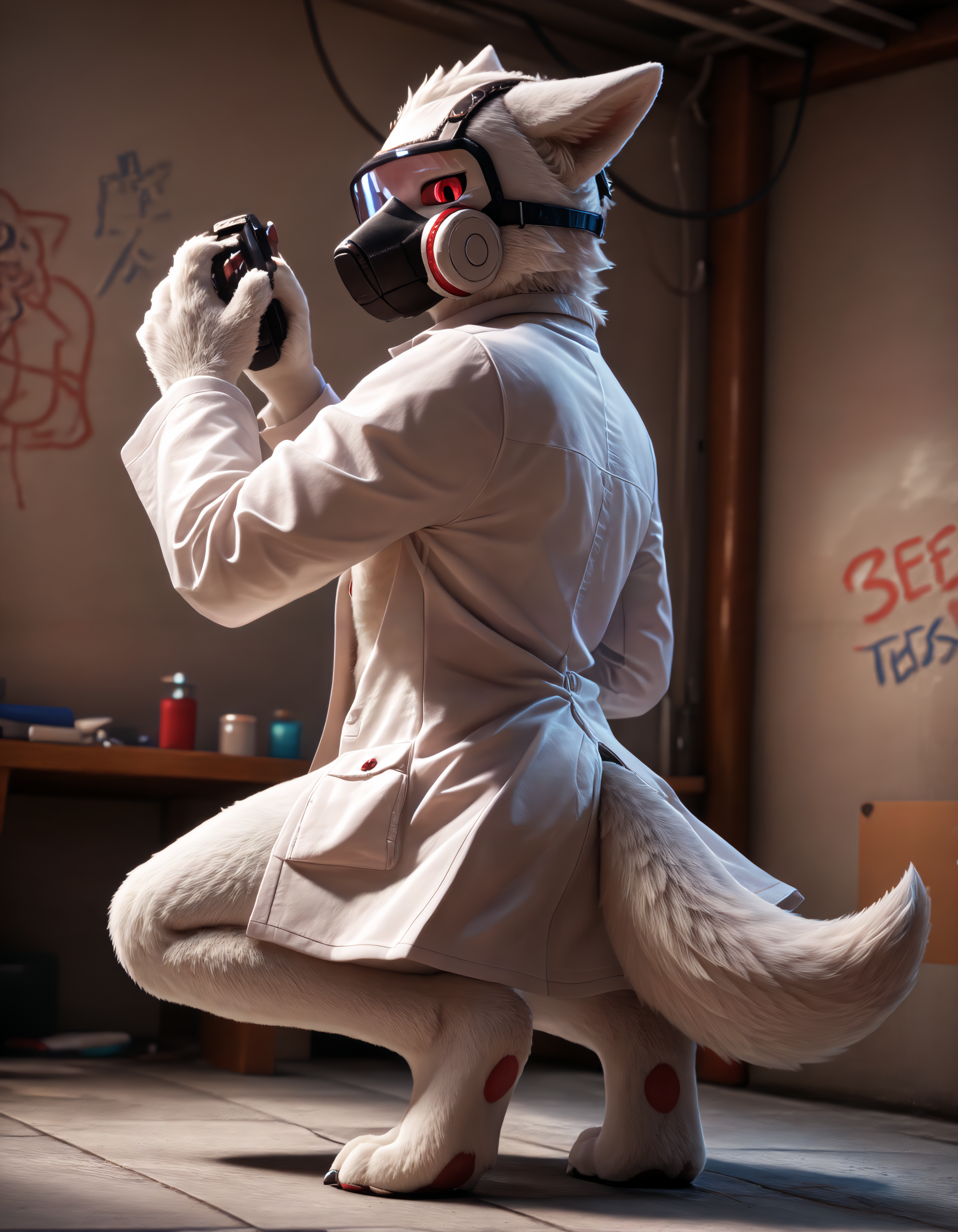 score_9, score_8_up, score_7_up, rating_safe, source_furry, detailed, shadows, ray tracing, cinematic lighting, particles, graffiti, decals, masterpiece, best quality, ultra realistic, 4k, 2k, film photography, RAW photo, photorealistic, analog style, subsurface scattering, photorealism, (best quality, high quality, 8K:1.5),<lora:add-detail-xl:3.0>, <lora:2.5DRealisticV2.safetensors:0.25>, <lora:sinfully_stylish_SDXL.safetensors:1.0>, <lora:AdvancedEnhancerXLv2.safetensors:1.0>, dutch angle, detailed eyes, (detailed background:1.2), (horny, seductive:1.1), <lora:Dr._K_Changed:1.0>, dr_k_changed,  solo, anthro, 1boy, furry male, red eyes, changed (video game), male focus, lab coat, furry, white claws, clothing, coat, white body, jitome, fur, animal ears, white fur, male, long sleeves, doctor, body fur, wolf ears, wolf boy, splayed ears, gas mask in hand, holding mask dutch angle, from behind, squatting raised arm looking back, disdain, laboratory, bunker, blue glow, low lighting, test tubes, alarm signal, flipchart