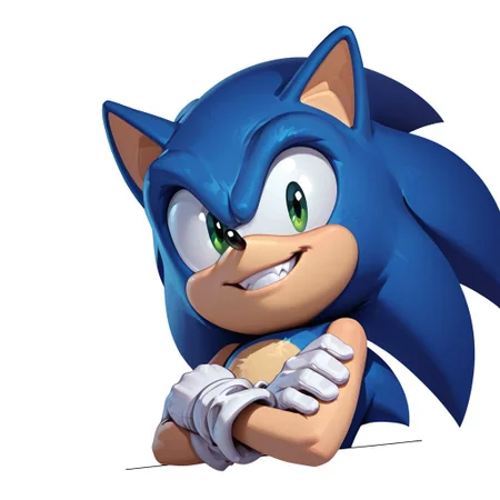 FutureFightStyle, ((semi realistic)), score_9, score_8_up, score_7_up, 8k, absurd res, evnstnly, masterpiece,1boy, solo, sonic (series), male focus, male, Sonic the Hedgehog, blue fur, green eyes, white background, smile, white gloves, beige fur, (((head shot))), lineless, crossed arms, teeth, confident smile, head tilt, looking at viewer 3/4 view, cartoon