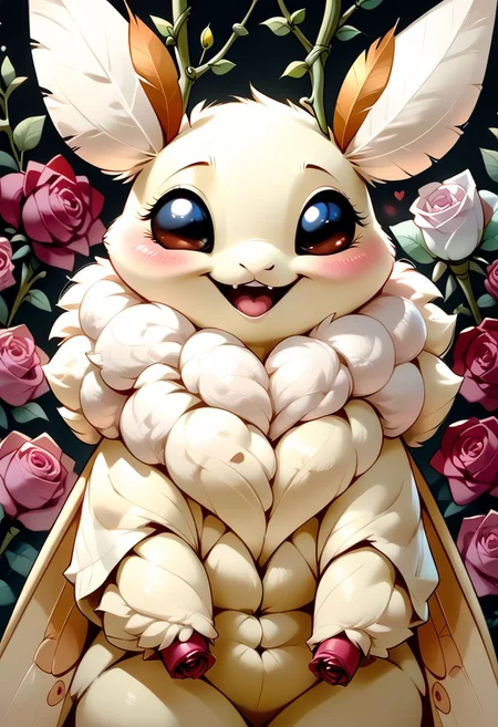 score_9, score_8_up, score_7_up, source_cartoon, solo, adorable Anthropomorphic Moth, happy, (Squeaking, visible squeak:1.1), (tiny size:1.2), blushing, moaning, (white neck fuzz, female, moth eyes, moth head, arthropod abdomen, moth traits:1.1)
BREAK
(Rose background, rose vine around image, plant borders:1.5), (detailed image, high resolution, 5k resolution:1.0), Expressiveh, (las lindas art style:0.75)