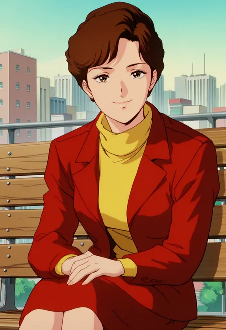 score_9, score_8_up, score_7_up, score_6_up, anime screencap, anime coloring, <lora:G0080_epoch_10:0.9>, G0080M, 1girl, solo, brown hair, short hair, brown eyes,
red jacket, yellow turtleneck, red skirt, pencil skirt,
looking at viewer, smile, closed mouth, sitting, bench, 
BREAK outdoors, cityscape, blue sky, sky, sunbeam, street,