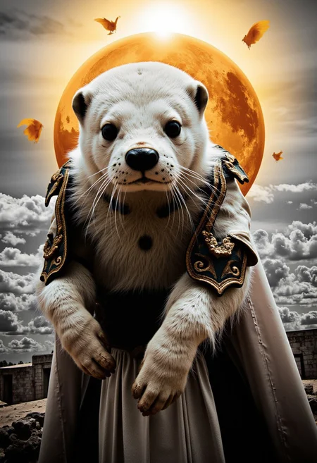 mmstyle, an eerie closeup portrait of an ethereal female anthropomorphic SEA otter sci-fi knight with fluffy DARK fur, donned in radiant white and gold armor with massive, wing-like bat shoulder pauldrons. His torn silk cape shimmers in the ghostly light of a ruined celestial temple. The sky is a swirl of soft gold and silver clouds, an ancient sun barely visible through the haze. neon-mist