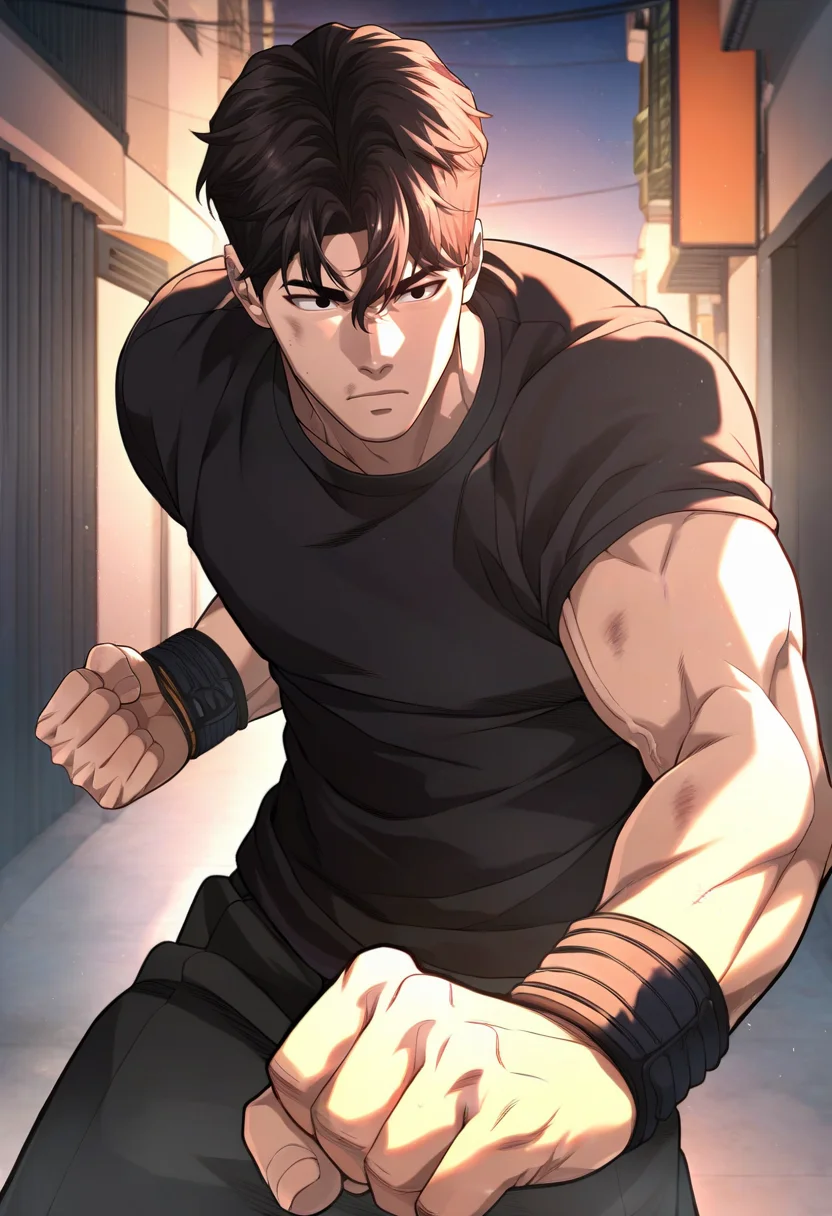 1boy, male focus, solo,
<lora:Character - Questism - Gu_HajunPony-10 (2):1> guhajun, short hair, black hair, black eyes, muscular, muscular male
((zPDXL)), score_9_up, score_8_up, score_7_up, score_6_up, score_5_up, score_4_up, best quality, amazing quality, best aesthetic, absurdres, year2023, uncensored, nsfw, official art, official style, depth of field, detailed eye,
outdoors, night, alley, t-shirt,
fighting stance, clenched hands, dirty face, boxing,