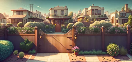 retrofuturism style, The old town streets , Backyard Fence , Garden