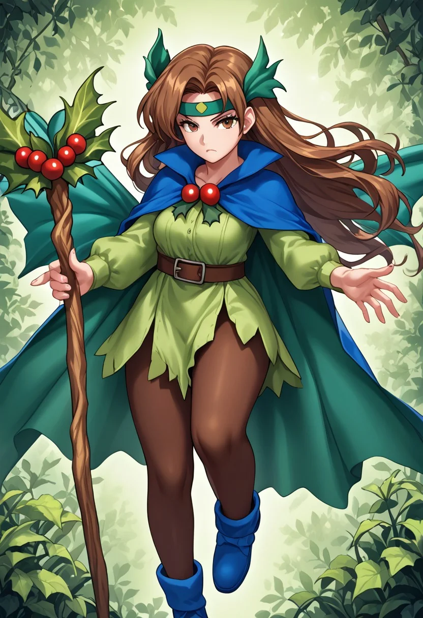 score_9,score_8_up,score_7_up,source_anime,5_figner,2d_animation,game cg,BREAK,1girl,solo,mature female,Holly Fairy,blue footwear.staff,brown hair,plant,vines,brown pantyhose,blue cape,long hair,green fairy,green headband,wing,flying,
medium breast,upper body,serious,looking at viewer,front view,
indoor,Vampire Palace,
masterpiece,best qualit,ultra-detailed,illustration,an extremely delicate and beautiful,beautiful detailed eyes,unity 8k wallpaper,high resolution,anime CG,official_art,