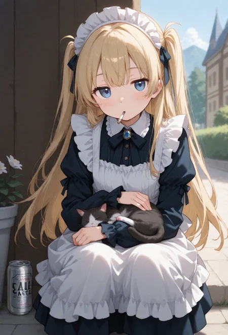 masterpiece best quality, absurdres very aesthetic, general, depth of field,intricate details, (clean outline, thick lines, clear-edged_thin-outline:1.2),RAW colors,
a cute maid, petite and glamourous, blonde two side up hair,ice blue eyes, (cute jitome:1.1),(smoking a cigarette in mouth),squatting,
(blooming castle_garden), detailed background,no holding,outdoors,(edwardian maid uniform),maid headdress,holding an empty beer can as ashtrays,(sleeping cat,looking at sleeping cat),
from front view,snapshot,very awa,