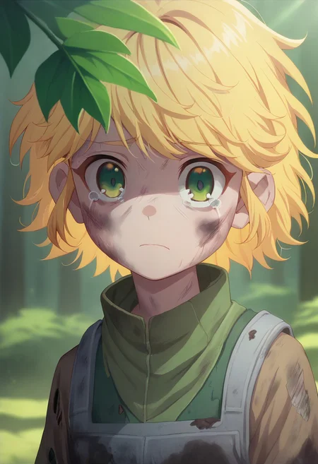 score_9, score_8, score_7, 1girl, solo, sastyle, satartey, kiddo Tarte, shortstack, blonde hair, green eyes, dirty, rags, dejected face, tears, ((lost in a dark forest))