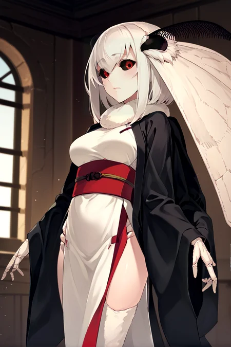 score_9, score_8_up, score_7_up, score_6_up, score_5_up, score_4_up, source_anime, mashiro, cowboy shot, black cloak, open cloak, red eyes, black sclera, 3 fingers, 4 arms, joints,
white hair, medium hair, white kimono, wide sleeves, red obi, white pelvic curtain, side slit,
BREAK indoors, dungeon
<lora:mashiro:1>