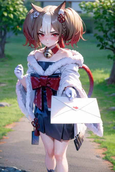 <lora:sekkatest:1>, 1girl, she is presenting the viewer with a letter in an envelope, holding, holding letter, outstretched arm, ((her long and wide sleeves reach almost to the ground and have an intricate embroidery at the lower end)), standing, full body, (highres, realistic, best quality, masterpiece, ultra-detailed, textured, ambient lighting, cinematic lighting), animal ears ,1girl , fox ears ,bangs , red eyes , multicolored hair , twintails , animal ear fluff ,brown hair , hair ornament ,bell , solo , looking at viewer ,braid ,neck bell , fox girl , jingle bell ,gloves , fur trim , ribbon ,two-tone hair ,japanese clothes ,off shoulder ,bare shoulders ,collar ,bow , (long sleeves) , streaked hair ,blush , black gloves , tail ,white hair , fox tail , kimono ,wide sleeves , red bow , red ribbon ,multiple tails , red hair , collarbone , hair ribbon , short hair , choker , socks , shorts , ribbon trim , sash , black shorts , rope , small breasts , white kimono , fur-trimmed sleeves , tabi , black footwear , black socks , gradient hair , v-shaped eyebrows , dress ,sandals , hair between eyes , obi , medium hair , grey hair , thick eyebrows , short twintails , strapless , sweat , shimenawa , outdoors , fur-trimmed kimono kitsune, cloth, satin, silk, fur, <lora:loveletterv3:1>