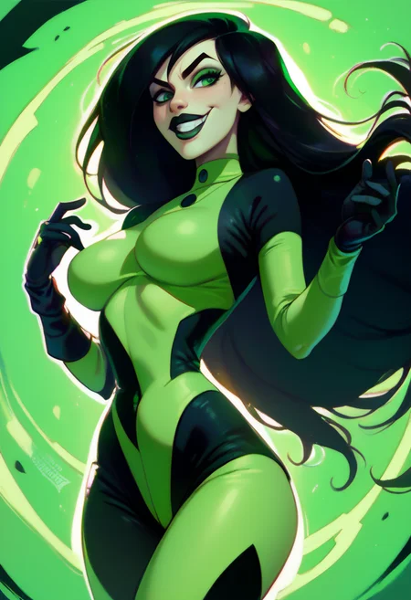 score_9, score_8_up, score_7_up, score_6_up, score_5_up, score_4_up <lora:Shego_pony:1> shego animification, black gloves, black hair, bodysuit, evil smile, green bodysuit, green eyes, green theme, long hair, <lora:add-detail-xl:0.9> <lora:Realistic000003_1_2.5DAnime_0.05_Merge1:1>