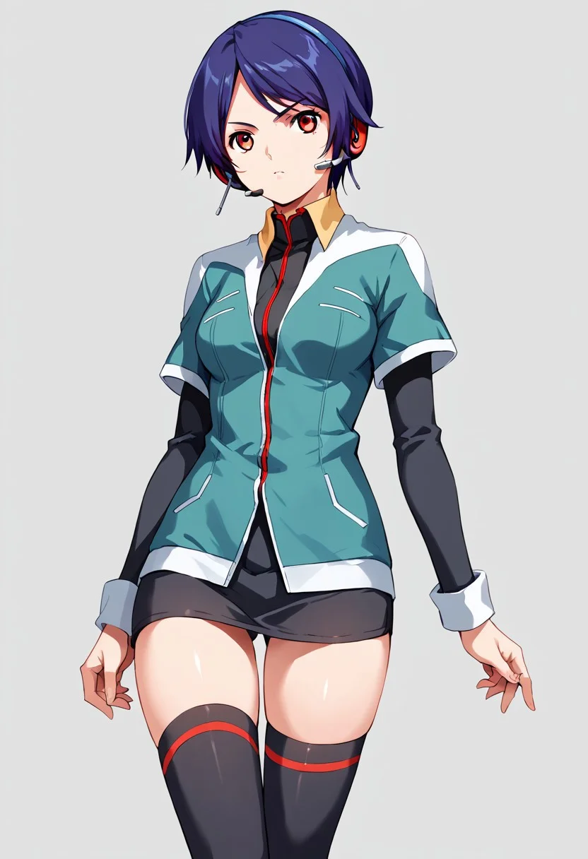 score_9, score_8_up, score_7_up, score_6_up, score_5_up, score_4_up, source_anime, la mira luna, headphones, short hair, blue hair, uniform, black thighhighs, red eyes