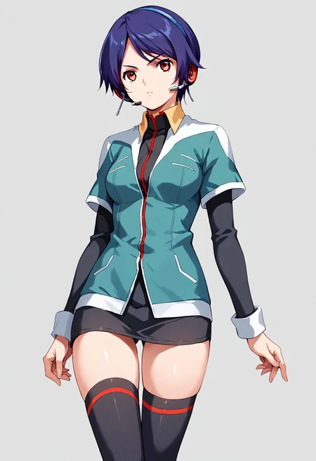 score_9, score_8_up, score_7_up, score_6_up, score_5_up, score_4_up, source_anime, la mira luna, headphones, short hair, blue hair, uniform, black thighhighs, red eyes