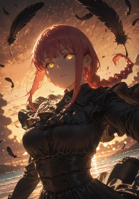 ((Bust shot, neutral expression:1.5))

((1 girl,Makima, ringed eyes,  red hair, braided ponytail, bangs, yellow eyes, sidelocks, medium hair, long hair,glowing eyes,))

(black funeral dress,:1.5),((glowing eyes,floating feathers:1.5))

(Beach:1.5),(sunset,orange sky,golden hue:1.5)

((negative space:1.1)),((dynamic angle:1.5)),((foreshortening:1.5)),((extreme perspective:1.4)),(dynamic pose:1.5)),(bokeh around character:1.2)

artist:moriimee,Smooth_Quality,amazing quality, ((aesthetic:1.3)),((4k,8k,Ultra HD)),((Masterpiece :1.2)),((Best quality :1.2)),((Detailed :1.5)),((Detailed background :1.5))