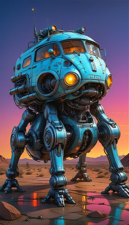 (cel-shading:2)+, (in ARTIST style:1.6), (masterpiece:1.7), glow blue neon, hyperrealism, glossy, shinny, clear image, accurate picture, clear picture, precise image, focused image, Science fiction style, Science fiction, (cozy comfy, no humans, science fiction, vehicle focus, robot, neon night wasteland background, mecha, multi legged vehicle,transparent glass paint, mecha) comic style, (ultra sharp focus:2), (thin lines:2), (best quality:1.8),
(masterpiece:1.8), (highest detailed:1.8), perfectly lighted, (contrast), (saturated), (((sharp focus))),
(hyperdetailed:1.3), (intricate details:1.2), (Refined details:1.3), (best quality:1.5), highly detailed textures,
(ultra sharp focus:1.8), (detailed texture:1.8), (detailed edges:1.8), (thin lines:1.8), (best quality:1.8),
<lora:Apparatus_-_Traction_City_Walkers_Vehicles:0.8>,