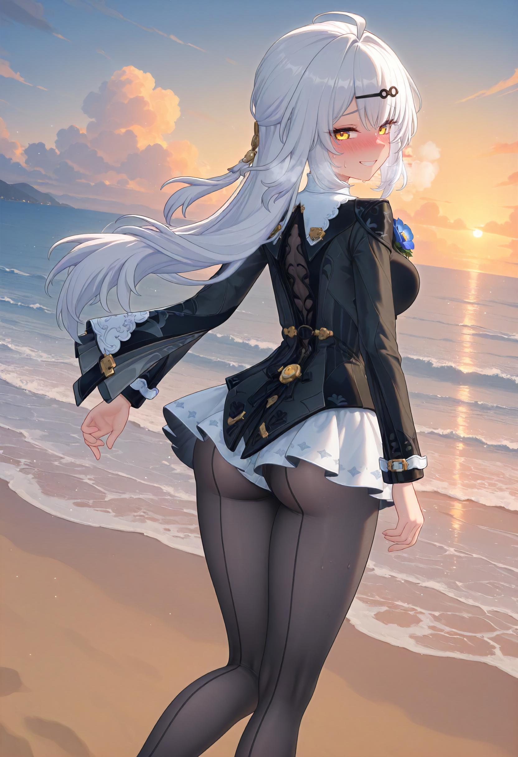 masterpiece, best quality, amazing quality, very aesthetic, absurdres, newest, scenery, volumetric lighting, perfect eyes, ultra detailed, anime,
1girl, Yixuan, solo, white hair, long hair, braid, ahoge, hair pin, yellow eyes, eyelashes, hair brooch, 
black dress, dress pattern, gold ornaments, winged cape, white collar, sheer cleavage, blue flower on chest, white skirt, upskirt, pantyhose, black shoes,
walking, from behind, rear view, looking back, nervous grin, shy smile, blushing, sweating, visible breath, unfocused eyes, ass, panties,
beach background, sand, ocean, clouds, detailed background, beautiful frame,
<lora:Yixuan_alternative_clothing_-_Zenless_Zone_Zero_ZZZ_-_Illustrious:1>
masterpiece, best quality, amazing quality, very aesthetic, absurdres, newest, scenery, volumetric lighting, perfect eyes, ultra detailed, anime,