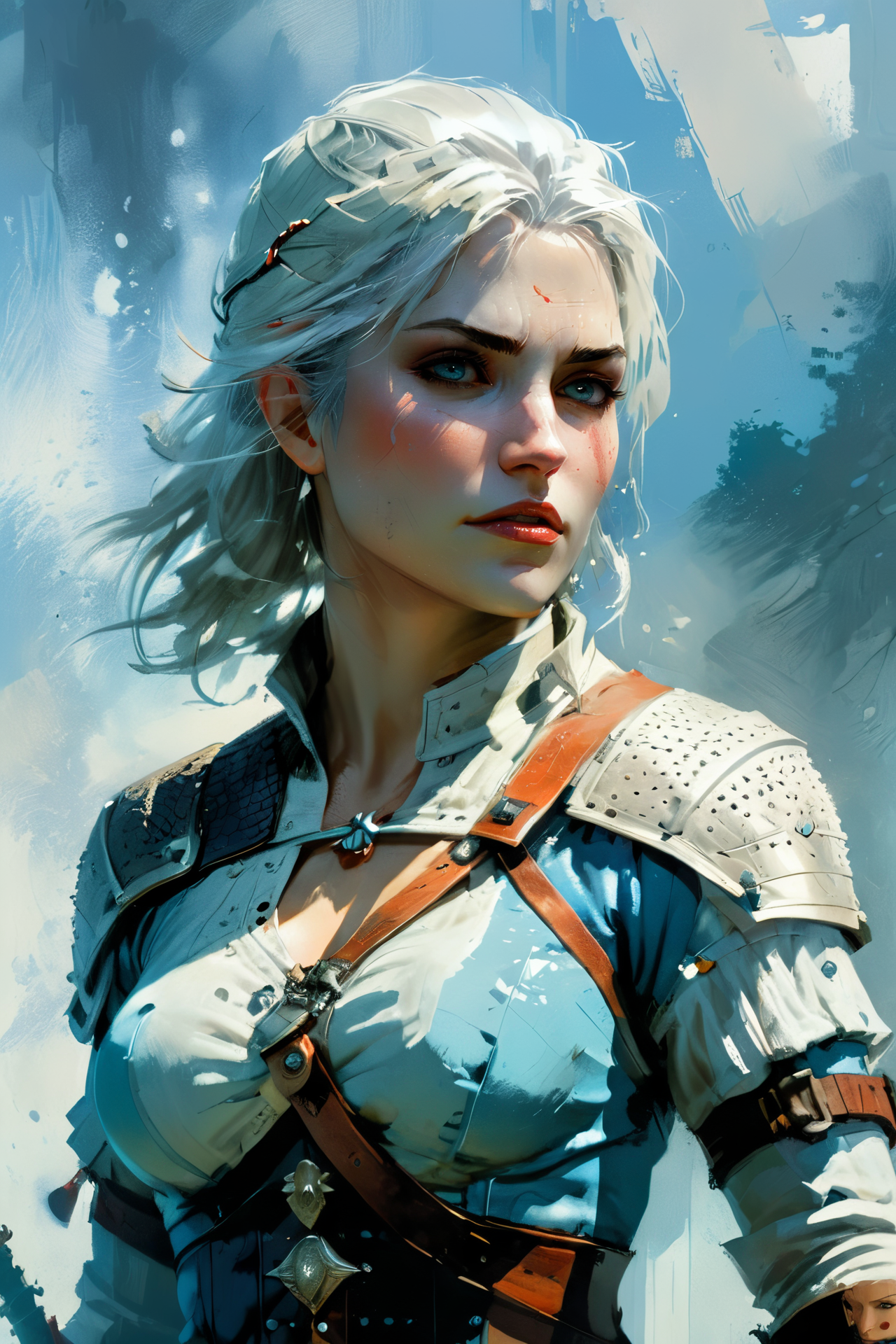 Ciri, scar, by Jason Chan, upperbody, neutral background of stylised panels, bluish fog, dynamic pose  <lora:xl_more_art-full_v1:1> <lora:John Berkey Style:1> John Berkey Style page,, (masterpiece:1.2), best quality