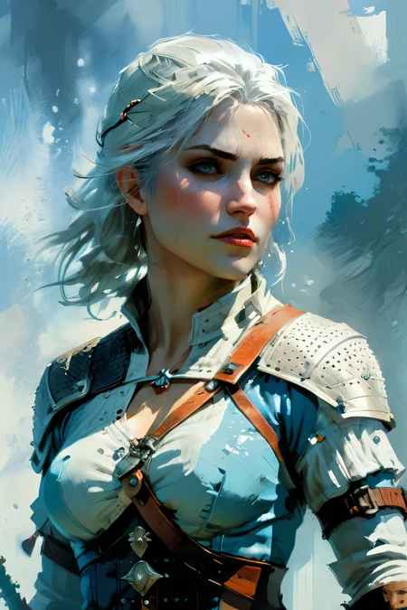 Ciri, scar, by Jason Chan, upperbody, neutral background of stylised panels, bluish fog, dynamic pose  <lora:xl_more_art-full_v1:1> <lora:John Berkey Style:1> John Berkey Style page,, (masterpiece:1.2), best quality