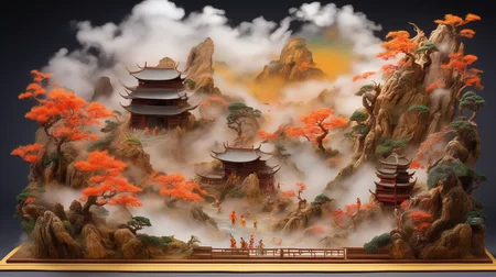 diorama, Journey to the West, miniature scale, intricate details, vibrant colors, dynamic composition, mythical creatures, Monkey King, Pigsy, Sandy, Tang Sanzang, magical landscapes, mountains and rivers, heavenly palace, fierce battles, flying clouds and swirling mists, epic adventure, traditional Chinese art style, ink painting technique <lora:sasuichani-000002:0.8>