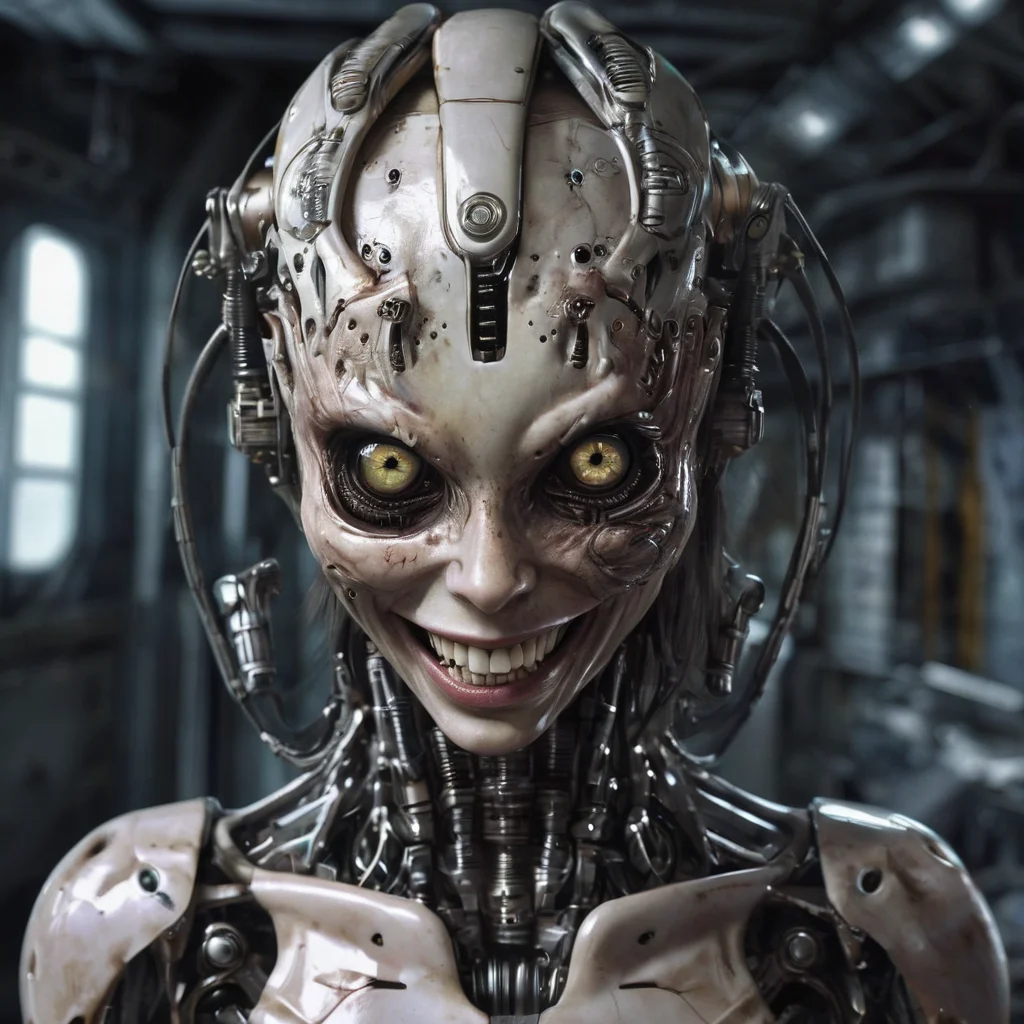 biomechanical style hyperrealistic art creepy girl, abandoned room, (((insane look in her eyes))), smiling, scary teeth . extremely high-resolution details, photographic, realism pushed to extreme, fine texture, incredibly lifelike . blend of organic and mechanical elements, futuristic, cybernetic, detailed, intricate
