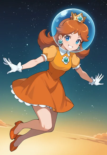(head-contained fishbowl helmet), score_9, score_8_up, score_7_up, source_anime, official art, princess daisy, blue eyes, (long hair under helmet, hair through helmet)
BREAK
orange hair, dress, gloves, orange dress, puffy short sleeves, white gloves, outer space, star \(sky\), smile, looking at viewer, full body, orange heels, acrobatic, floating, zero gravity. bare legs.