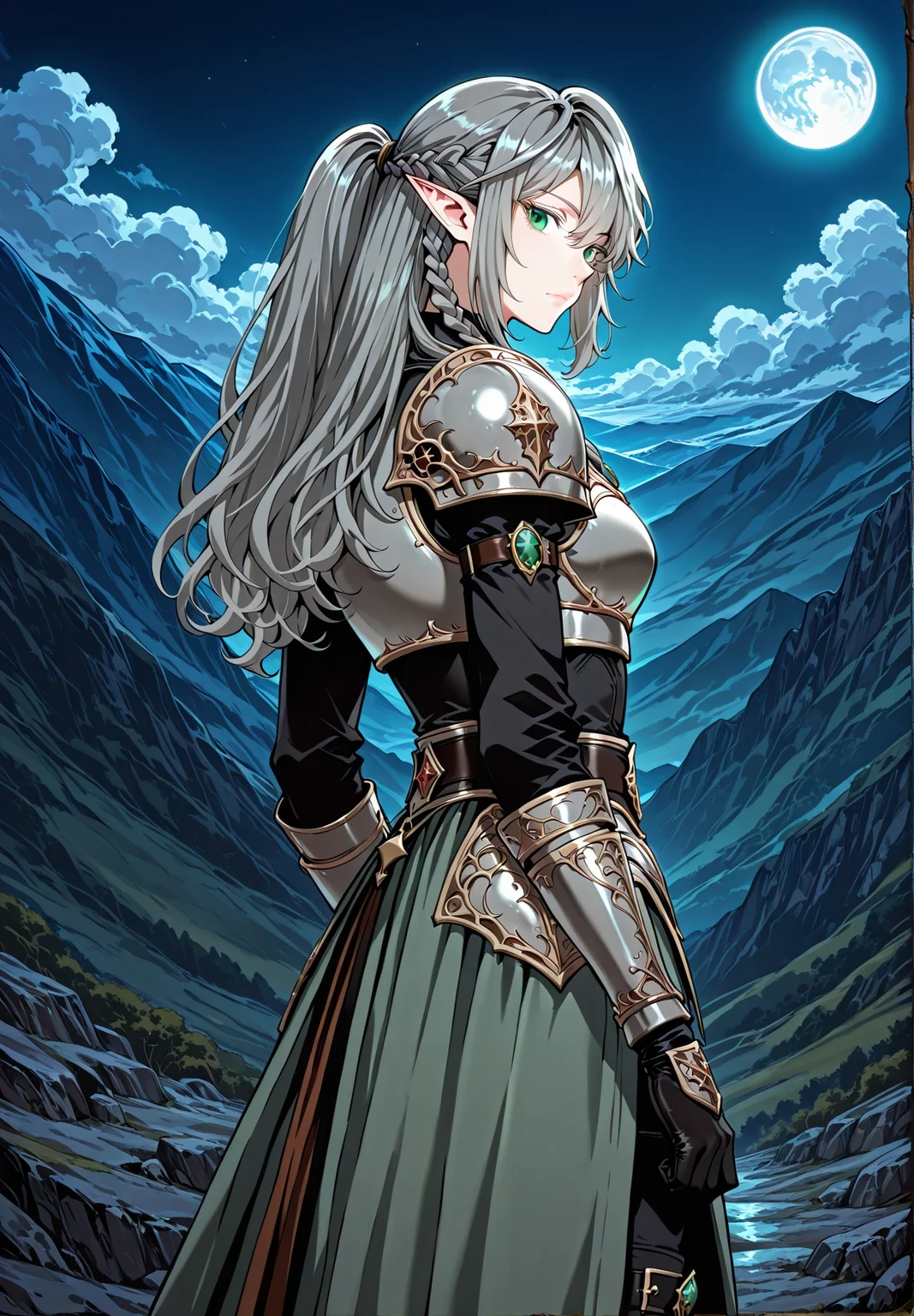 <lora:Tessia_Eralith__The_Beginning_After_the_End__Illustrious_v1-000008:1>
1 girl, solo, elf, pointy ears, green eyes, grey hair, braid, side braid, french braid, hair bettween eyes, bangs, long hair, ahoge
breastplate, gauntlets, shoulder armor, black gloves, ponytail, black boots
score_9, score_8_up, score_7_up, source anime, BREAK, cowboy shot, (from side), looking back, looking at viewer, overlooking mountain, high altitude, scenery, exterior, background, (solo), perfect hands, night, blue moon, <lora:iLLMythG0thicL1nes:1>