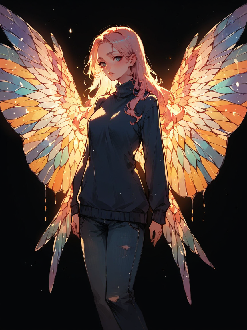 score_9, score_8_up, score_7_up, score_6_up, score_5_up,  <lora:stainedglassXLP:0.65> stained glass wings, 1girl, solo, black background, sweater, long hair,