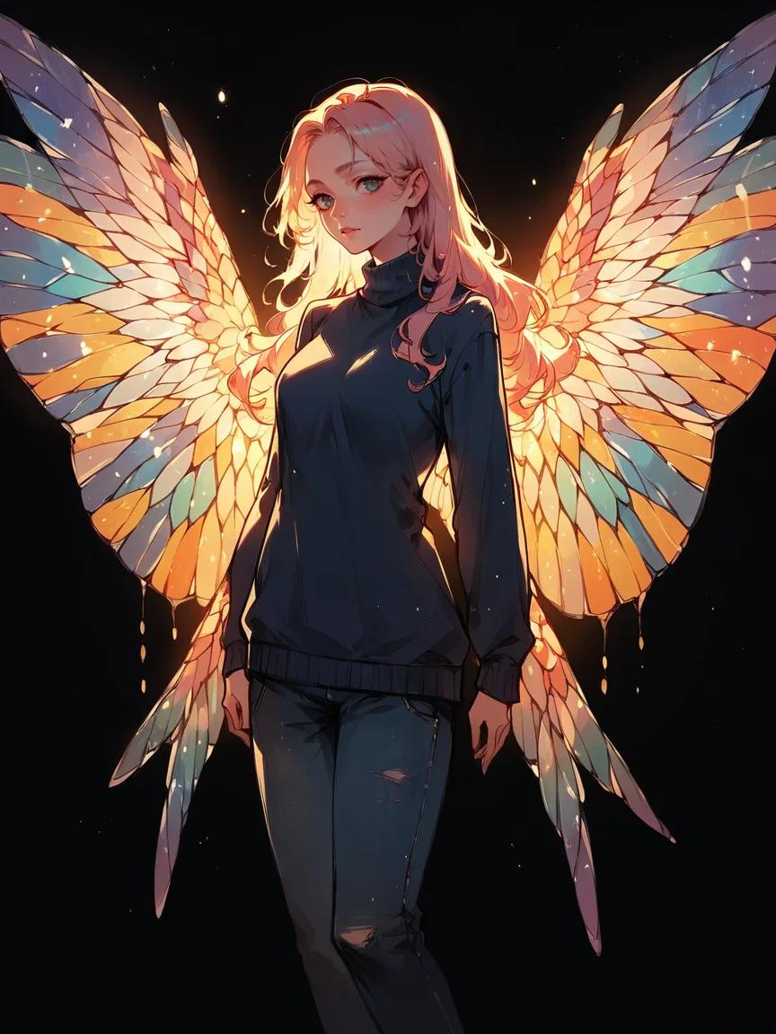 score_9, score_8_up, score_7_up, score_6_up, score_5_up, <lora:stainedglassXLP:0.65> stained glass wings, 1girl, solo, black background, sweater, long hair,
