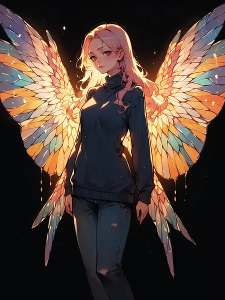 score_9, score_8_up, score_7_up, score_6_up, score_5_up, <lora:stainedglassXLP:0.65> stained glass wings, 1girl, solo, black background, sweater, long hair,