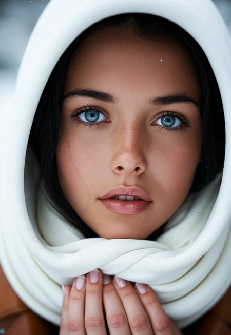 HDR, 8K, high contrast, masterpiece, best quality, amazing quality, very aesthetic, high resolution, ultra-detailed,
Stable_Yogis_Illustrious_Positives
1girl, solo, looking at viewer, scarf, parted lips, blue eyes, blurry, snowflakes, black hair, realistic, lips, blurry background, forehead, eyelashes, depth of field, coat, upper body, portrait, brown jacket
((shiny skin, skin pores, detailed skin, realistic natural skin, detailed skin texture)), (long claws)
<lora:add-detail-xl:1> <lora:aesthetic:1> aesthetic <lora:great_lighting:0.8> great lighting <lora:epiC35mm:1.2> epiC35mm
<lora:perfect-eyes:0.8> perfecteyes,
<lora:dmd2_sdxl_4step_lora_fp16:0.6> <lora:MJ52_v2.0:1> <lora:FuturisticInteriorStyle:1> Jed-FutInt, Futuristic