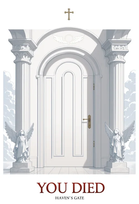 masterpiece, best quality, amazing quality, very aesthetic, incredibly absurdres, newest, highres, absurdres, volumetric lighting, scenery, no humans, heaven, heaven's gate, door, you died, text on door, clouds, ethereal, pillars, angel \(statues\), serene, dreamy, blending, white theme,fine art,straight on,llv2-illu