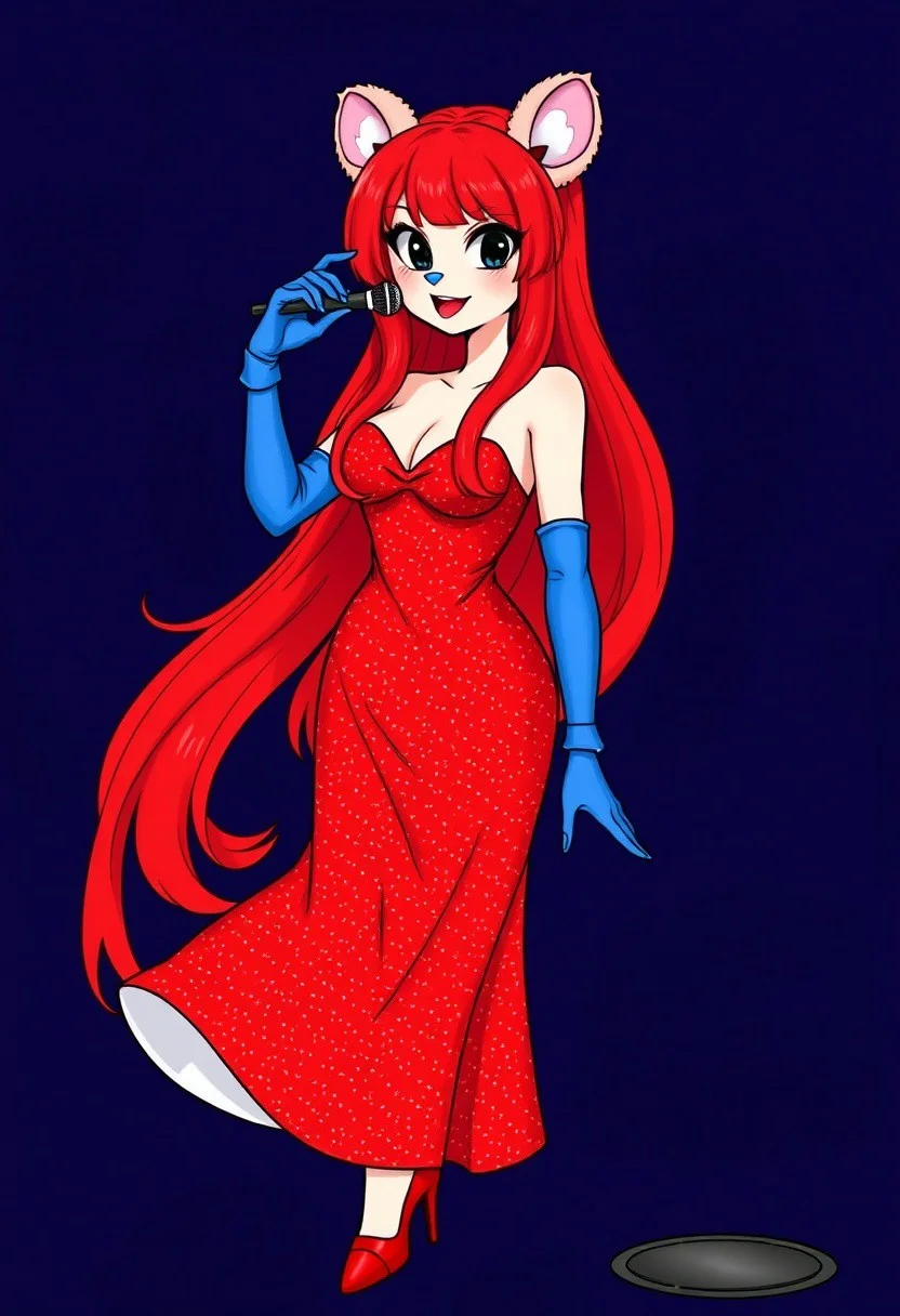 red hair, long hair, red heels, long blue opera gloves, microphone on the side, red sparkly dress, long dress, no sleeves, sleeveless, bear ears, red lipstick, blue nose, medium breasts, dark blue background, black eyes