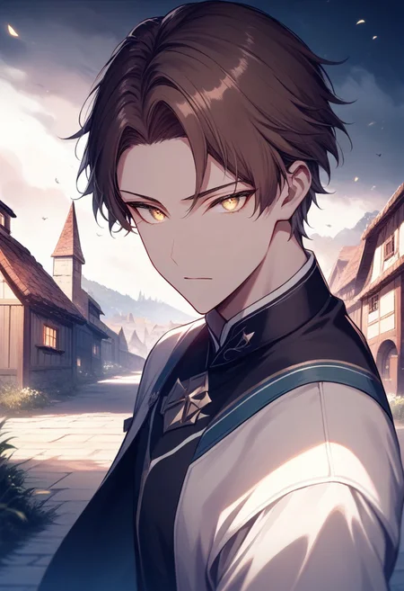 (best quality, masterpiece), 1 boy,18 years old, medieval village, dark mood, Arrogant,
brown hair, short hair, no bangs, white color student uniform, half body,
, looking at viewer, Unobtrusive golden eyes, Dull golden eyes,