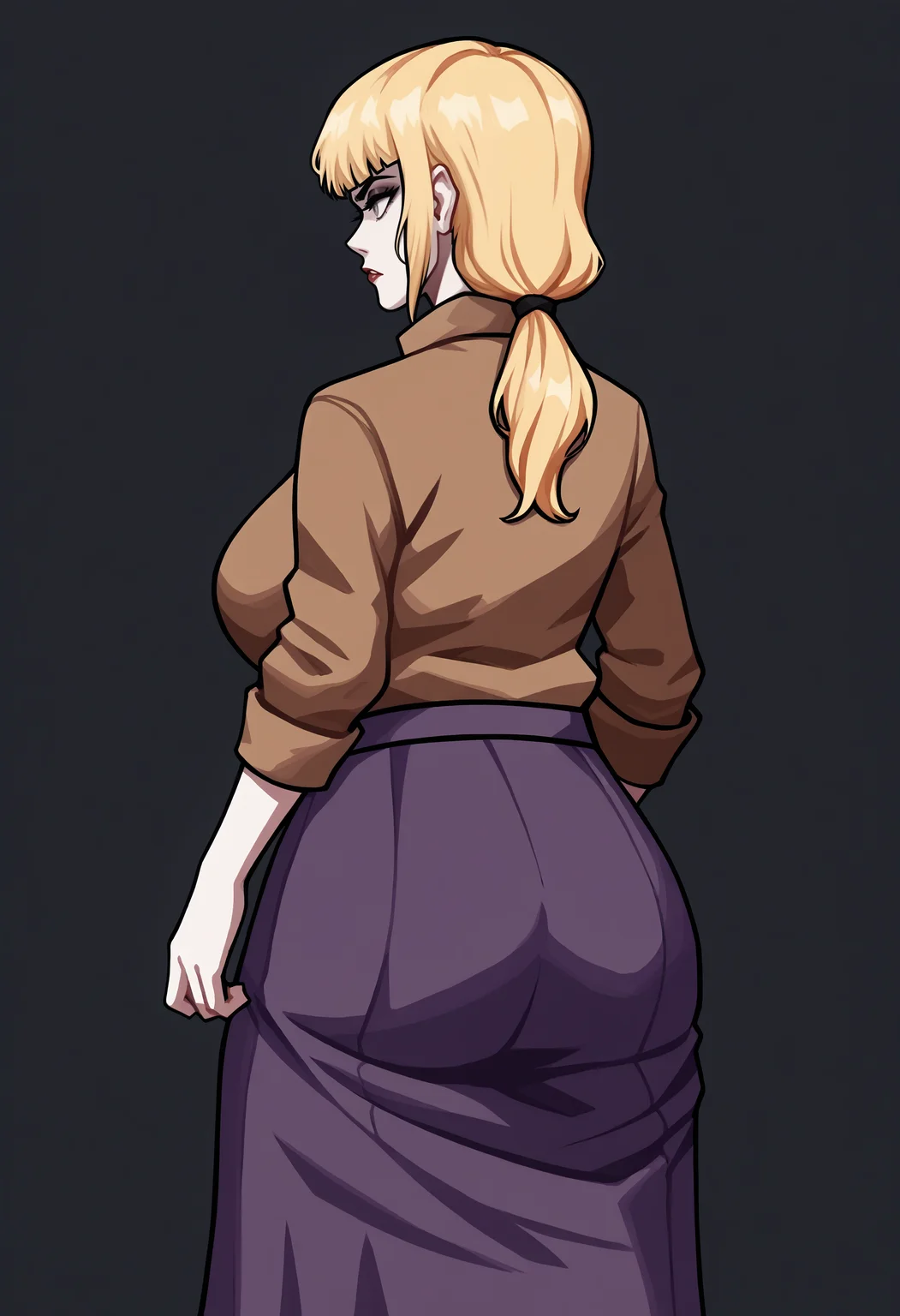 score_9, score_8_up, score_7_up, score_6_up, score_5_up, score_4_up,
BREAK
1girl, blonde hair, low ponytail, grey eyes, bangs, karin funger, looking away,
BREAK
standing, brown jacket, purple skirt, long skirt, black sweater, large breasts, from behind, facing away,
BREAK
black background, simple background, dynamic pose, dark, <lora:Lunas-Karin-Funger-SDXL-A1:1> <lora:Lunas-Poper-SDXL-D1:1>