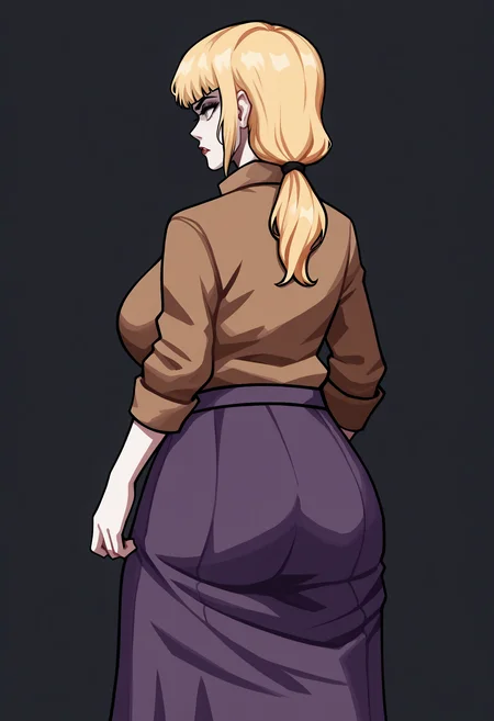score_9, score_8_up, score_7_up, score_6_up, score_5_up, score_4_up,
BREAK
1girl, blonde hair, low ponytail, grey eyes, bangs, karin funger, looking away,
BREAK
standing, brown jacket, purple skirt, long skirt, black sweater, large breasts, from behind, facing away,
BREAK
black background, simple background, dynamic pose, dark, <lora:Lunas-Karin-Funger-SDXL-A1:1> <lora:Lunas-Poper-SDXL-D1:1>