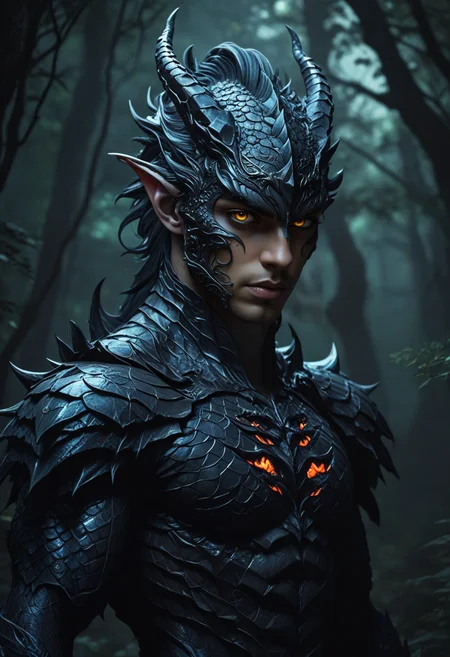 anime artwork human dragon hybrid, human head, dragon scale skin, dragon eyes, male focus, full body, standing, grimdark, creepy tale:1.15, dark forest background, rim lighting, style of Anato Finnstark, by alena aenami, <lora:RM_Niji_v1.0_bf16:0.8> . anime style, key visual, vibrant, studio anime, highly detailed
