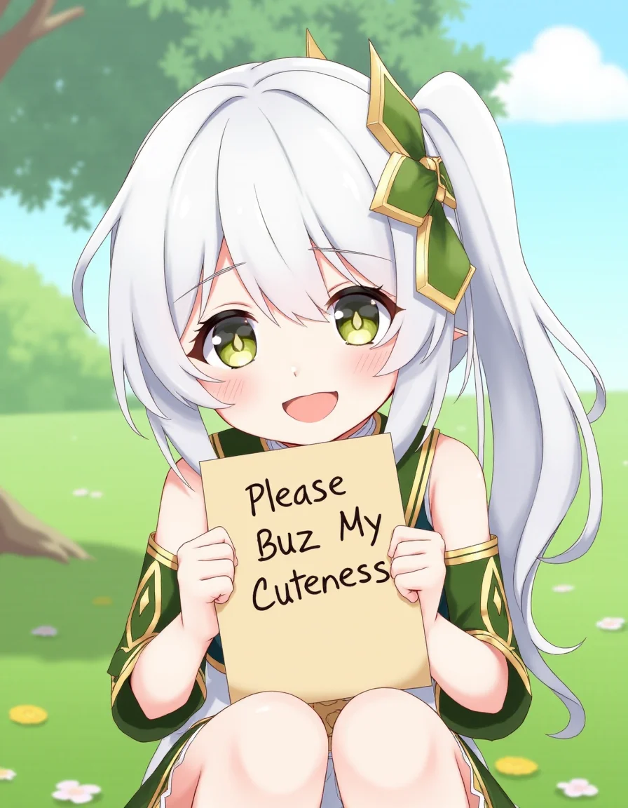 ultra detail, high resolution ,full body picture, 1 girl, <lora:nahida_n:0.8> nahida from genshin impact, smiling, sitting down with cute style, holding a piece of paper with letter 'Please Buzz My Cuteness', facing front, nature background.