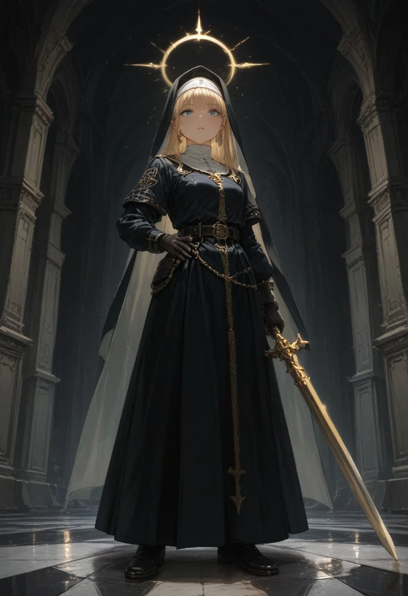 masterpiece ,best quality ,amazing quality ,very aesthetic,absurdres,newest,scenery,highres,usnr,hualidefengge,1girl,solo,looking at viewer, super low angle ,one weapon, blond hair ,blue eyes ,leather, nun, black uniform, floor length ,golden trimmed, earrings, jewelry ,one sword, gloves ,female ,holding ,holding weapon ,halo ,looking at viewer, habit, dark background.