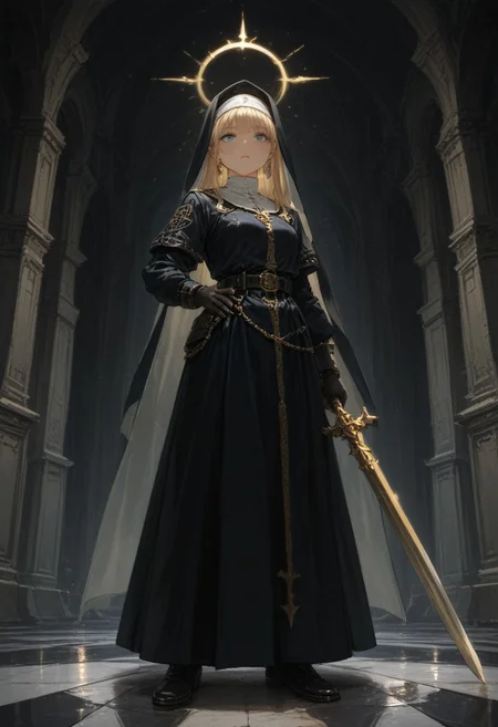 masterpiece ,best quality ,amazing quality ,very aesthetic,absurdres,newest,scenery,highres,usnr,hualidefengge,1girl,solo,looking at viewer, super low angle ,one weapon, blond hair ,blue eyes ,leather, nun, black uniform, floor length ,golden trimmed, earrings, jewelry ,one sword, gloves ,female ,holding ,holding weapon ,halo ,looking at viewer, habit, dark background.