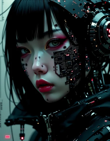 Super face Closeup Portrait,(cyberpunk face augmentation:1.45), (black color circuit board tattoos:1.5 on face), epic skin detailes, Sci-fi Darkness By He Xiaofeng, a quiet Fighter, feudal Ninja,, robotic shinobi suit, (style Katy Grannan:1.35) , Satin texture, (Glitchy:1.5) (Foggy:1.35), (Harsh lighting:1.4)
<lora:ck-nc-pastel-cyberpunk:0.99> A digital artwork in the style of cknc,