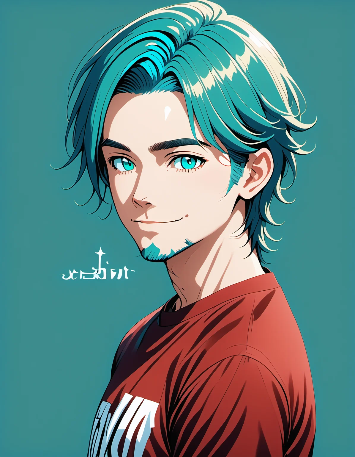 PonyXLV6_Scores , 25d Style, solo, looking at viewer, smile, short hair, simple background, shirt, 1boy, closed mouth, blue hair, upper body, male focus, artist name, from side, aqua eyes, parted bangs, aqua hair, facial hair, thick eyebrows, red shirt, portrait, 1boy, male focus, solo, red shirt, looking at viewer, shirt, facial hair, simple background, blue hair, aqua eyes, <lora:25DPDXL:1>